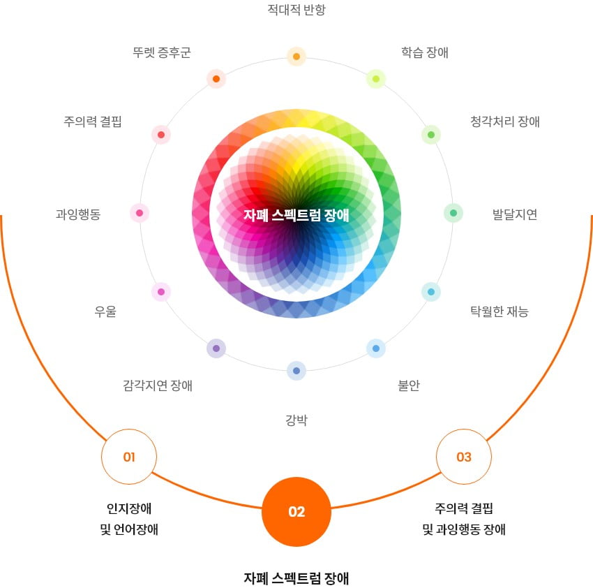 자폐 스펙트럼 장애 - 1. 인지장앤 및 언어 장애, 2. 자폐 스펙트럼 장애, 3. 주의력 결핍 및 과잉행동 장애 - 적대적 반항/학습 장애/청각처리 장애/발달지연/탁월한 재능/불안/강박/감각지연 장애/우울/과잉행동/주의력 결핍/뚜렛 증후군